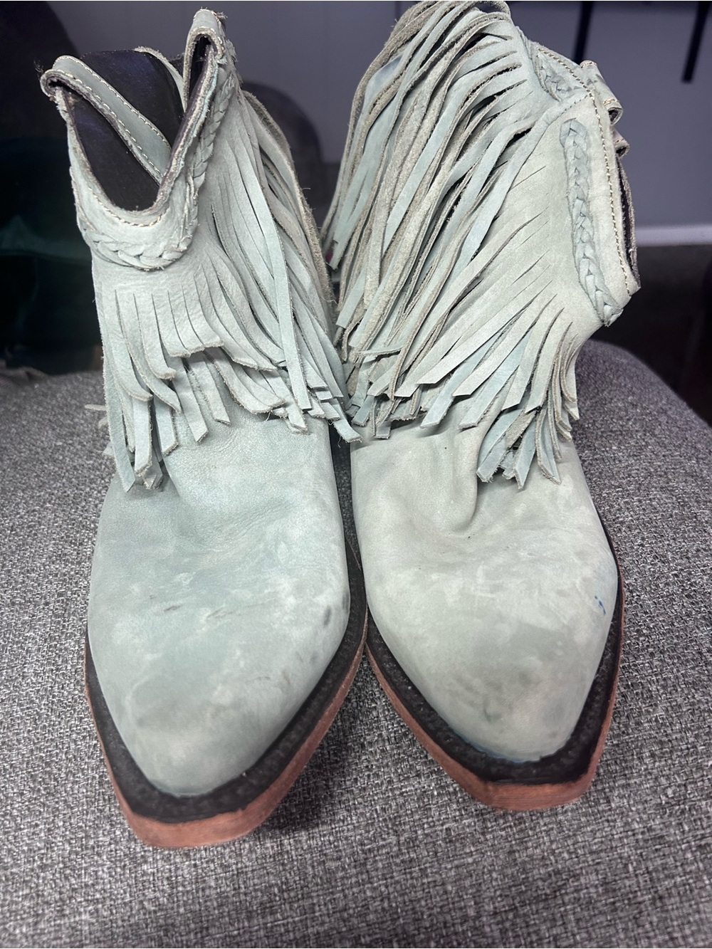 LIBERTY Black Sage Green Suede Fringe Ankle Boots, Sz 9.5